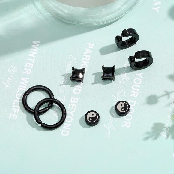 Men's Black Stainless Steel Magnetic Non Piercing Earrings, Stylish CZ Studs, 6 - Picture 3 of 7